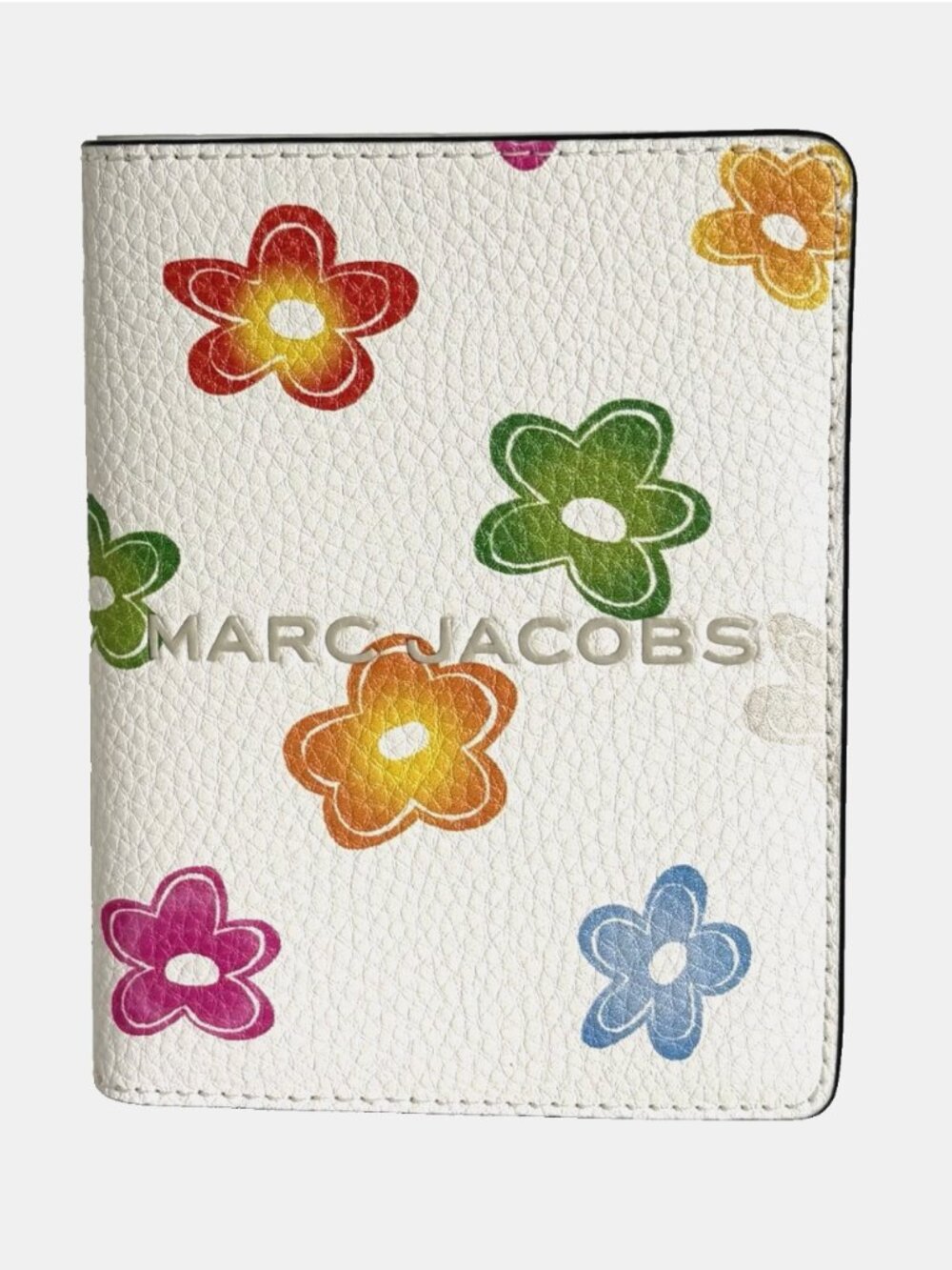 New Marc Jacobs Floral Passport Wallet Pebble Leather White Multi